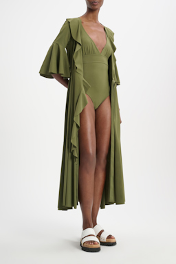 Dorothee Schumacher Wrap front beach dress with flounces dark olive green