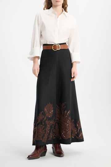Dorothee Schumacher Linen midi skirt with contrast broderie anglaise pure black