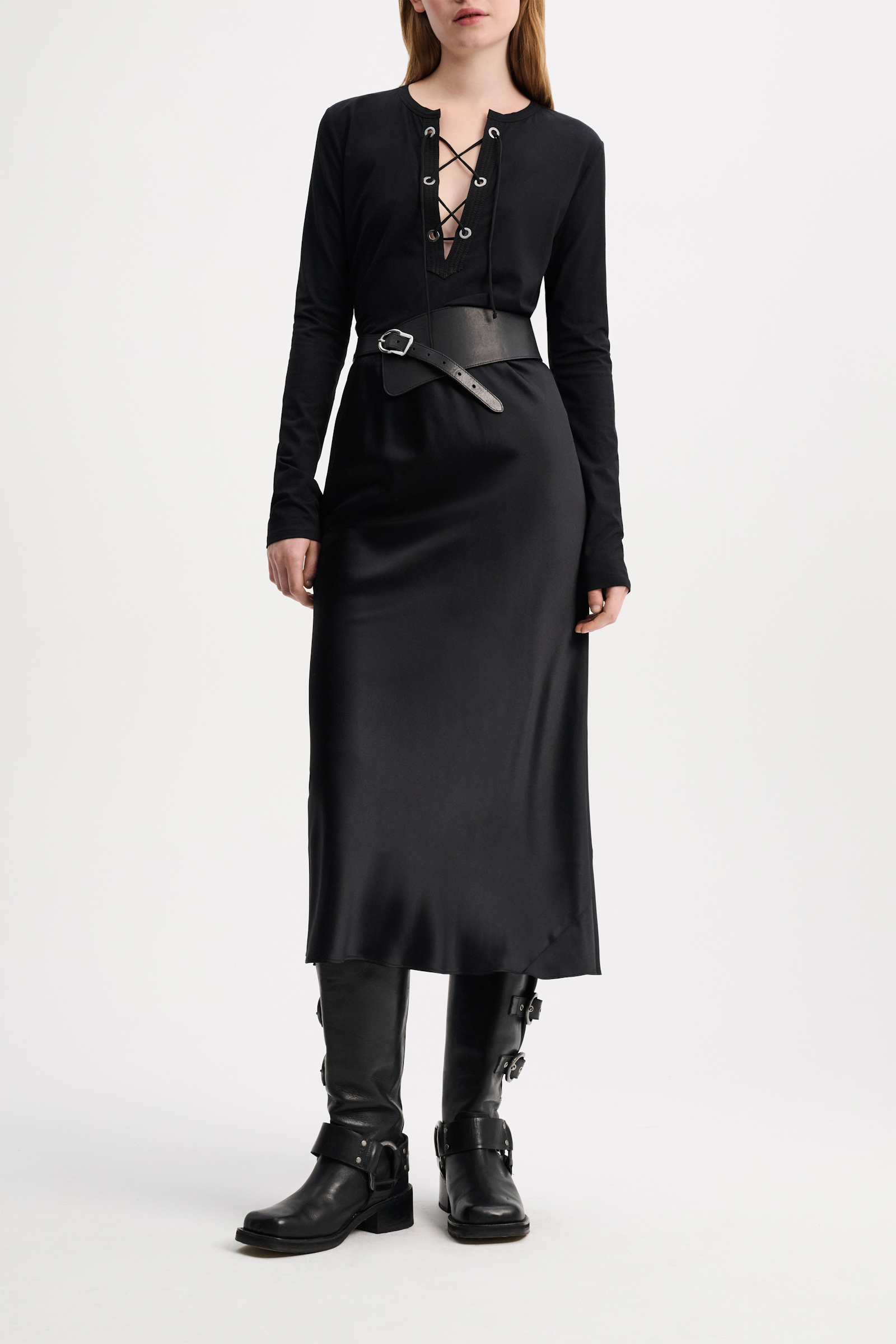 Dorothee Schumacher Lace front top in crêpe de chine pure black