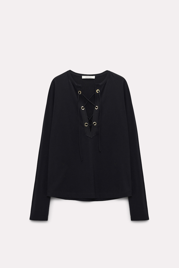 Dorothee Schumacher Lace front top in crêpe de chine pure black