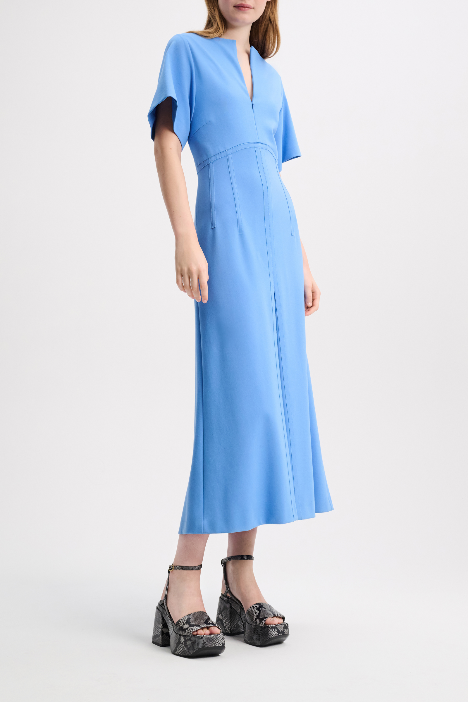 Dorothee Schumacher Dress in Punto Milano with eco leather detailing cornflower blue