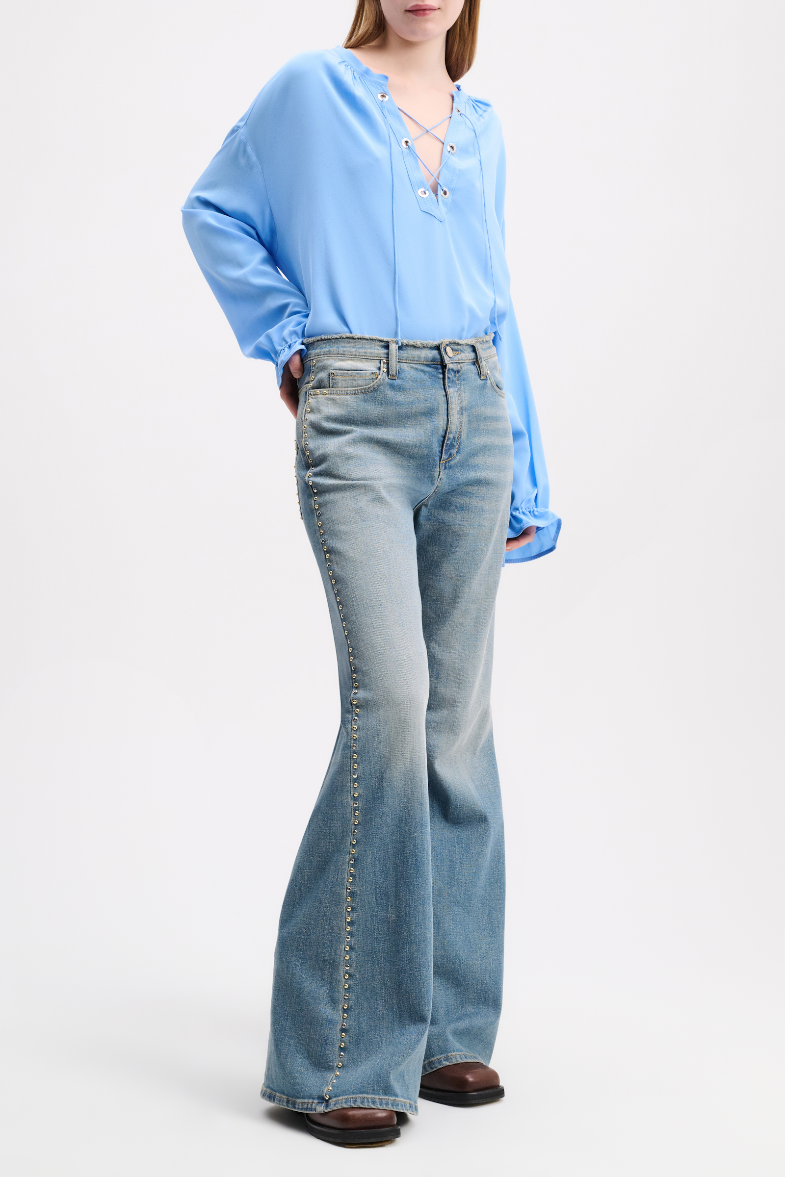 Dorothee Schumacher Silk blouse with laced neckline cornflower blue