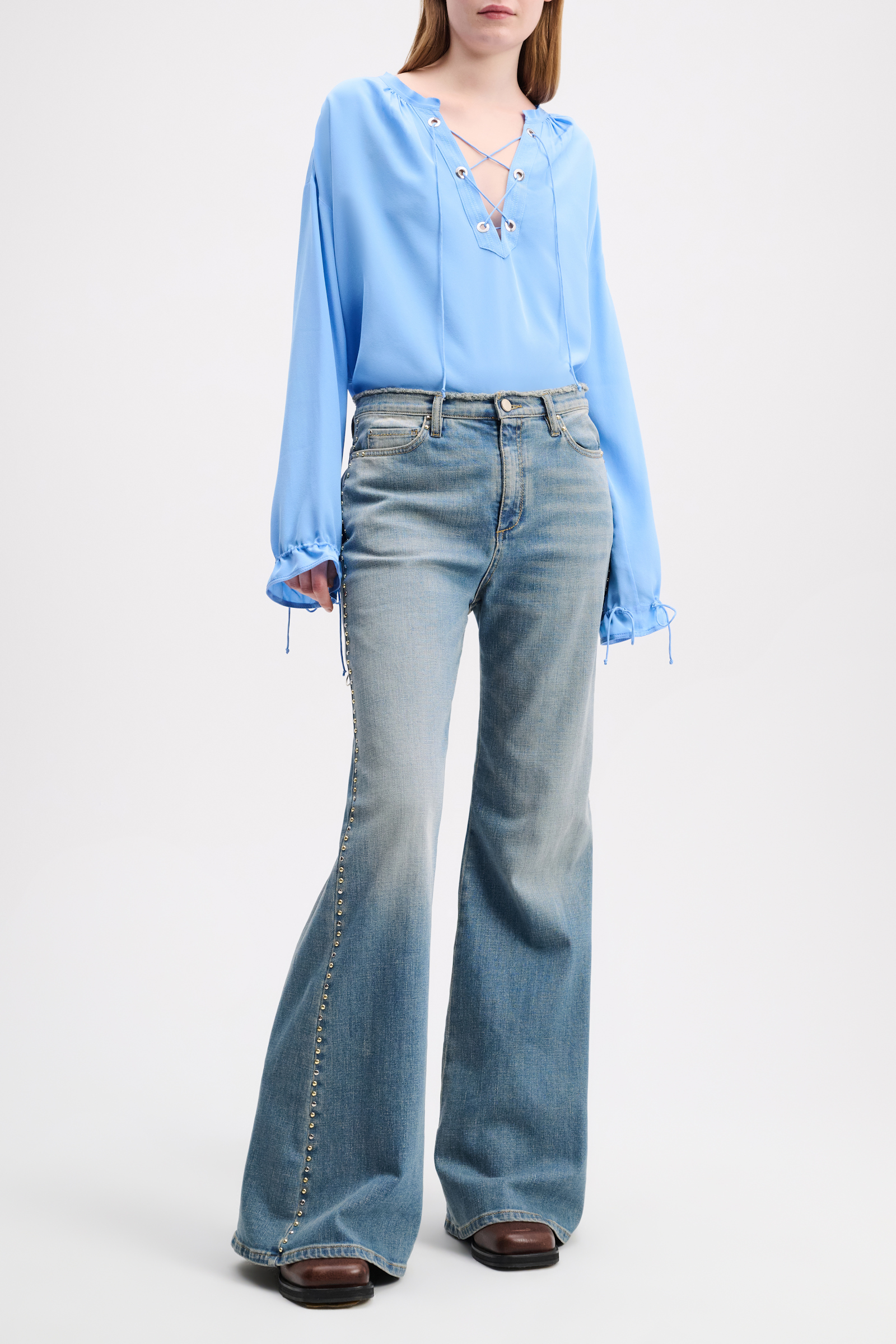 Dorothee Schumacher Silk blouse with laced neckline cornflower blue