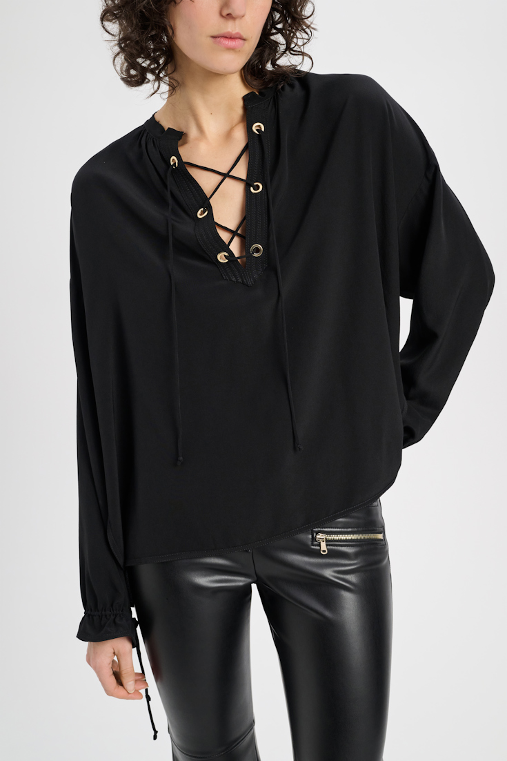 Dorothee Schumacher Silk blouse with laced neckline pure black