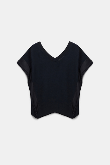 Dorothee Schumacher Wool-cashmere knit top with layered satin trim pure black