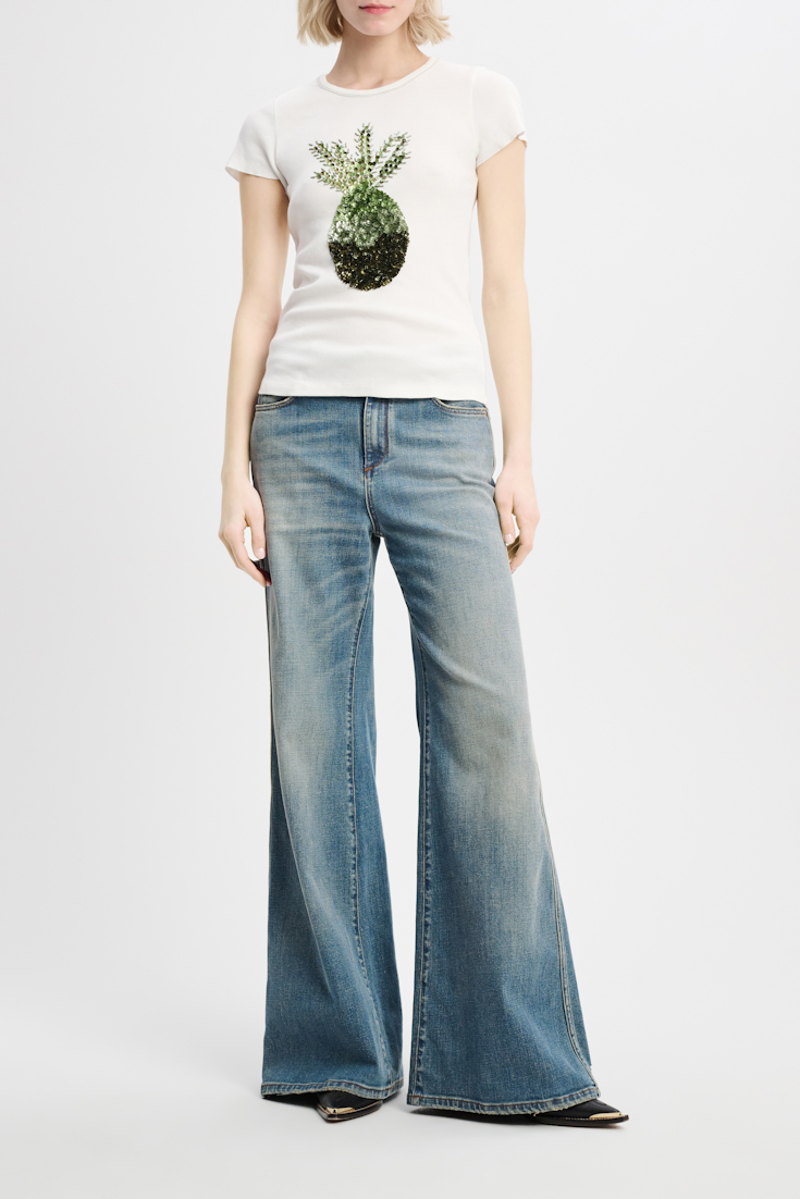 Dorothee Schumacher Fine ribbed cotton T-shirt with pineapple embroidery pure white