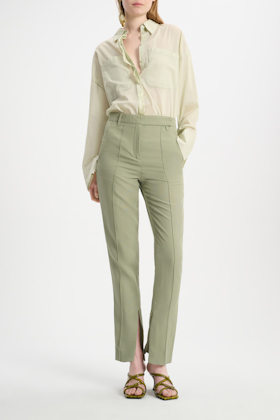 Dorothee Schumacher Slim fit linen blend pants with pintucks pale khaki