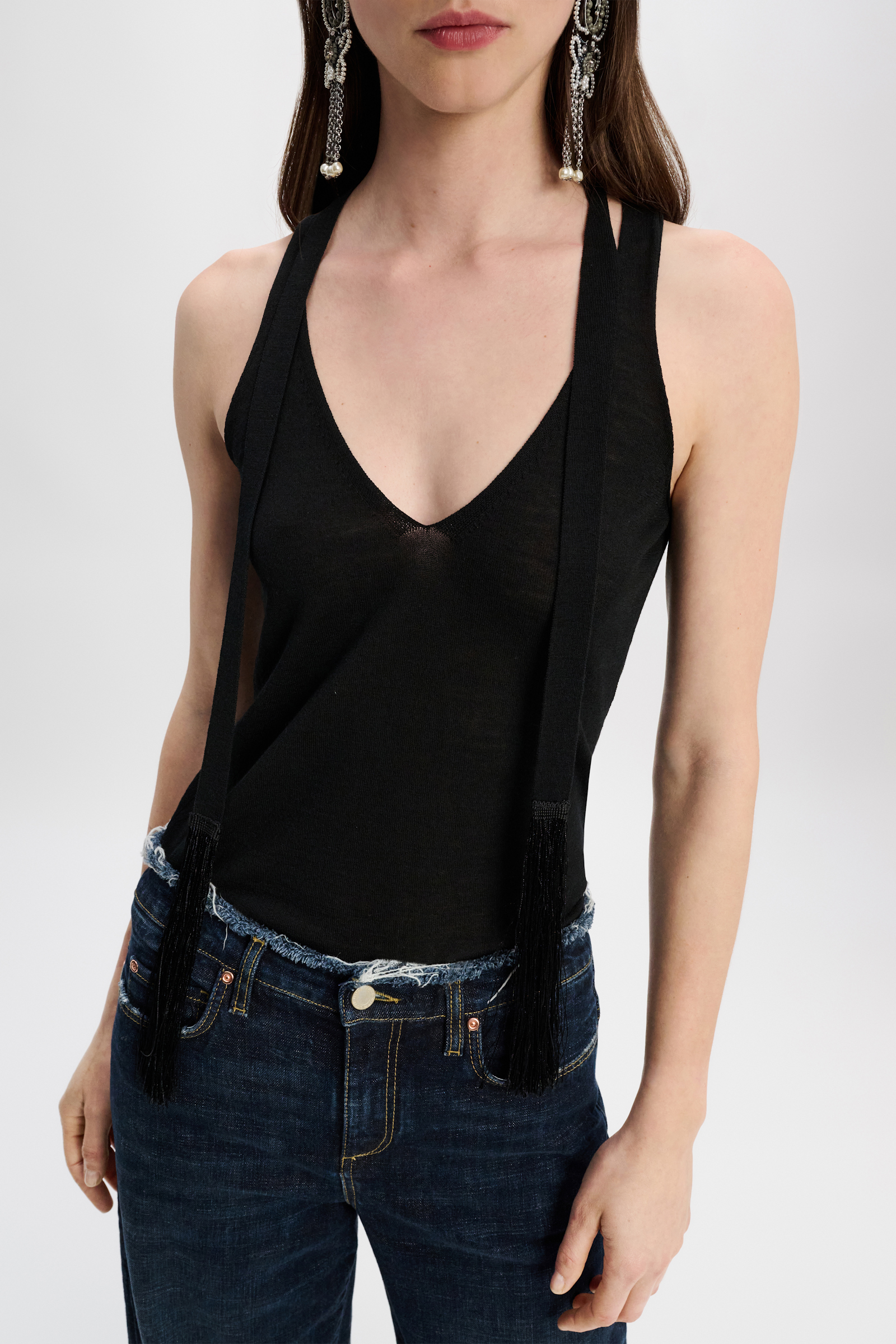 Dorothee Schumacher V-neck tank top with fringed tie pure black