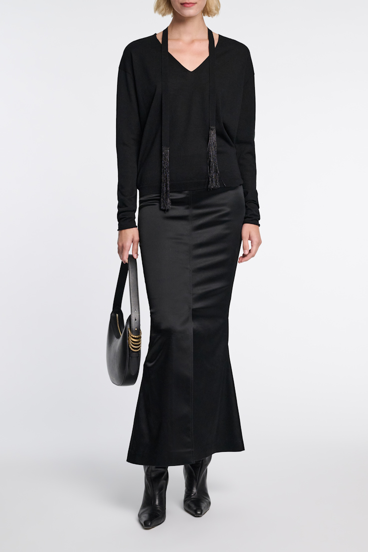 Dorothee Schumacher V-neck pullover with fringed tie pure black