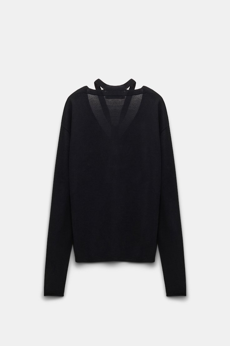 Dorothee Schumacher V-neck pullover with fringed tie pure black