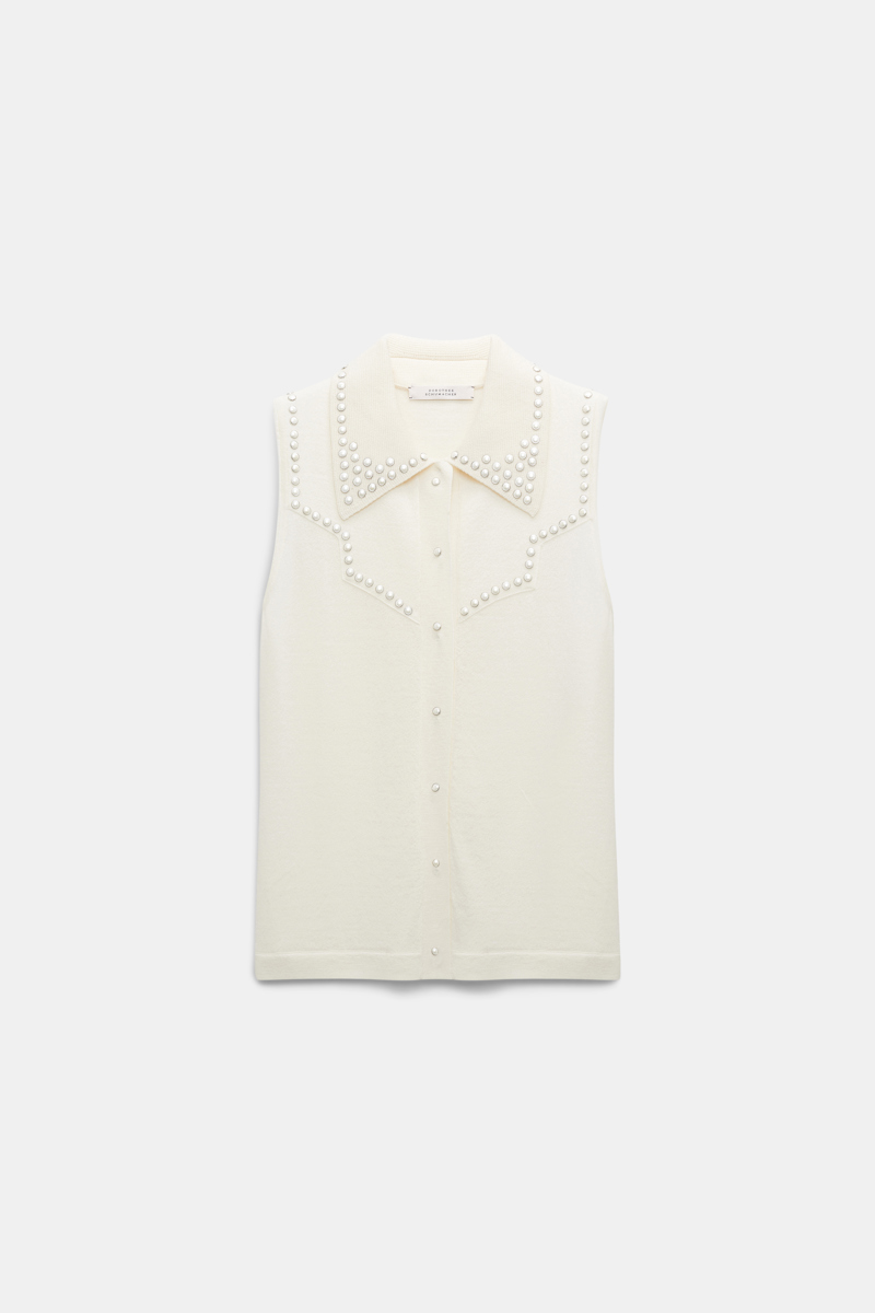 Shop Dorothee Schumacher Embellished Sleeveless Knit Shirt With Polo Collar In White
