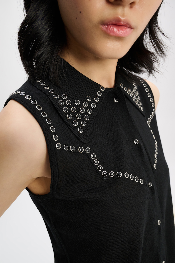 Dorothee Schumacher Embellished sleeveless knit shirt with polo collar pure black