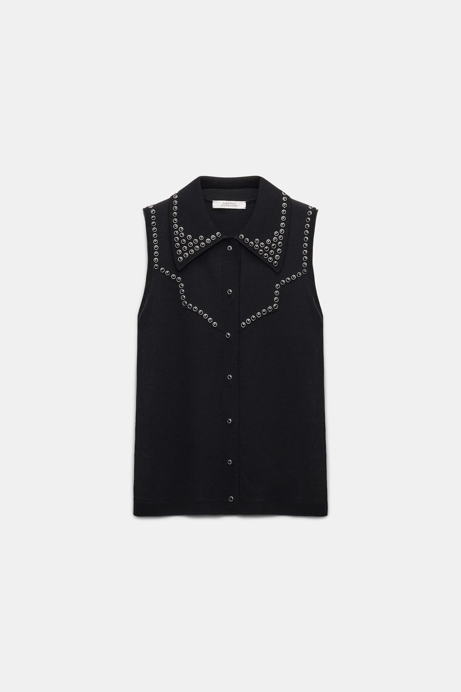 Dorothee Schumacher Embellished sleeveless knit shirt with polo collar pure black