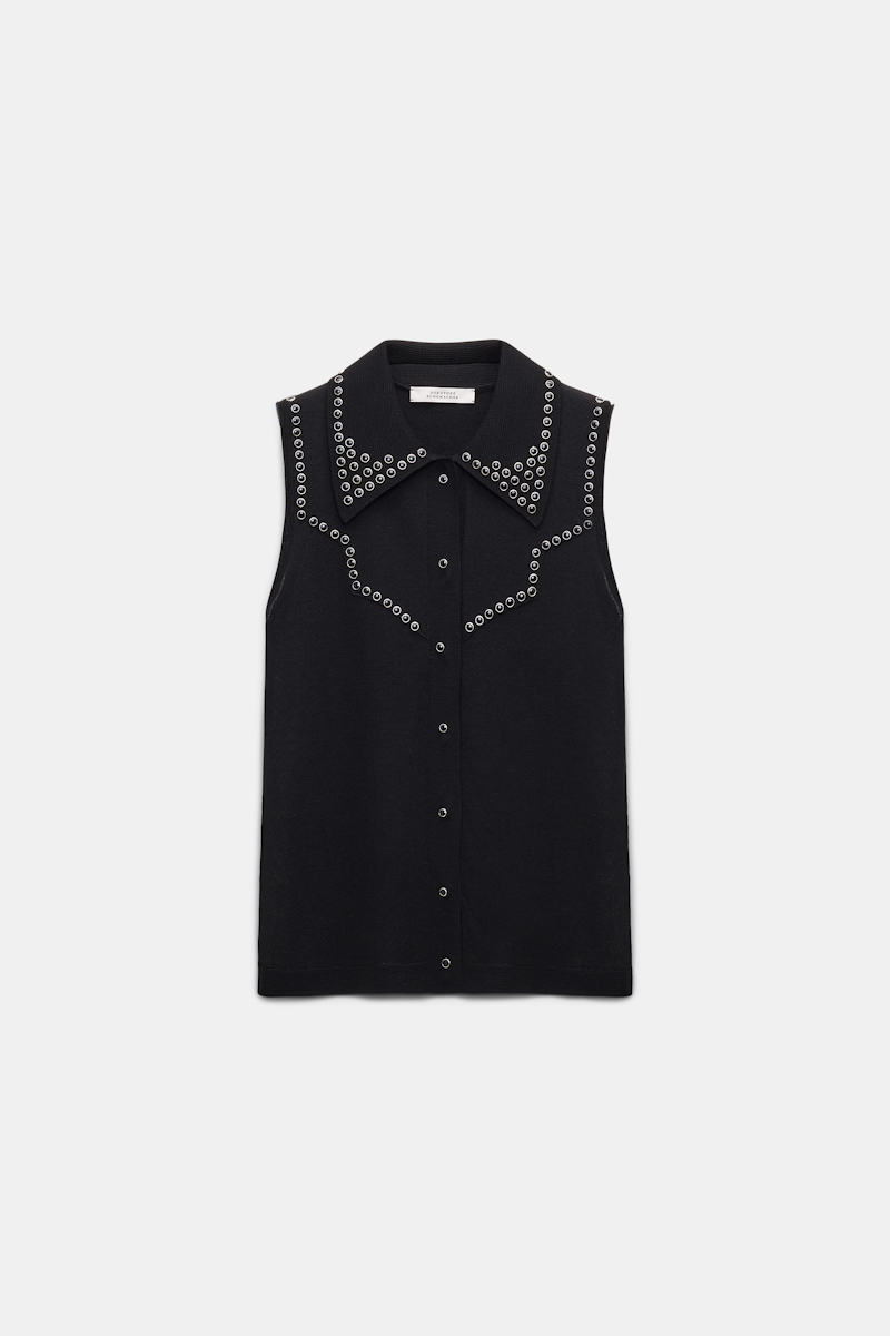 Shop Dorothee Schumacher Embellished Sleeveless Knit Shirt With Polo Collar In Black