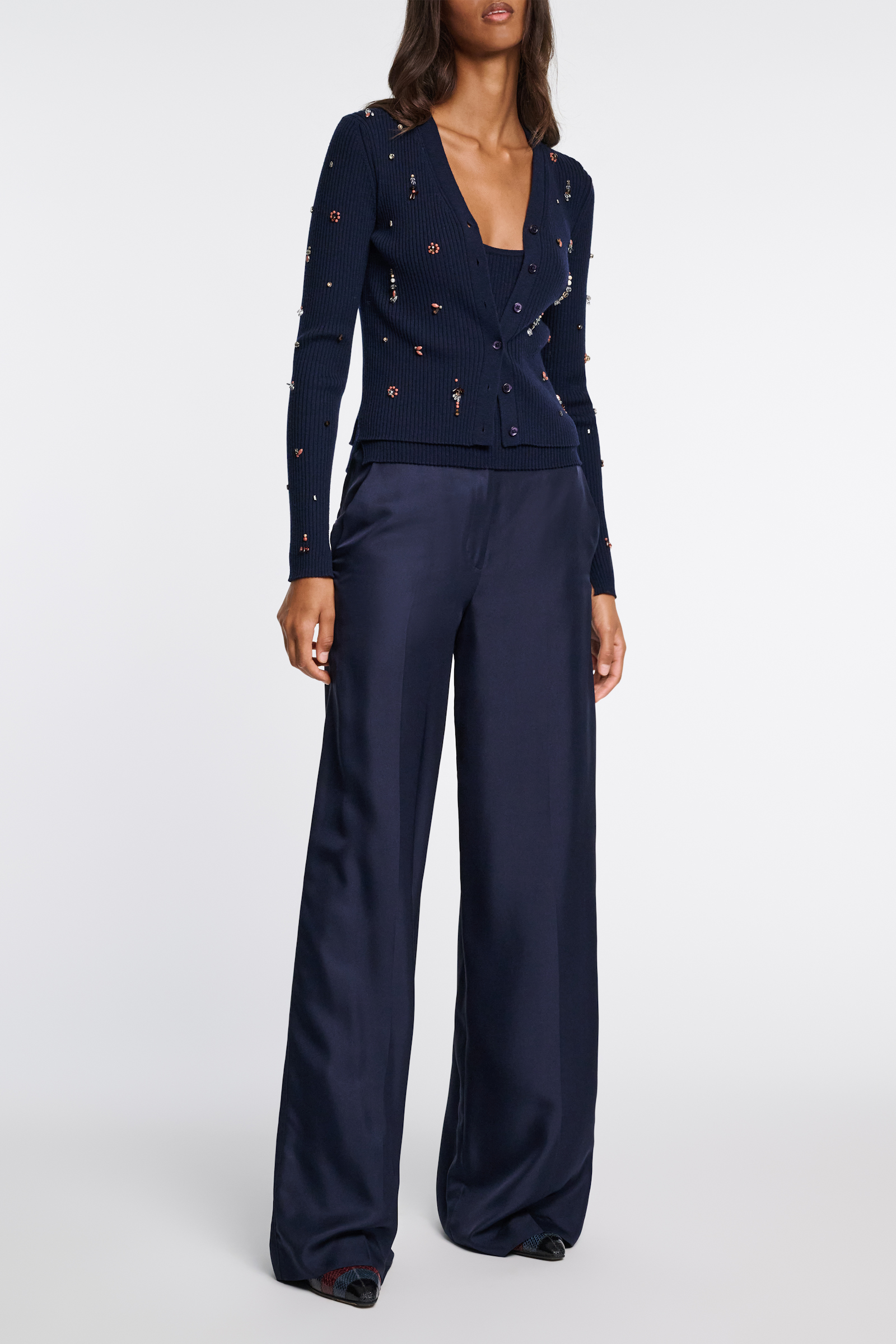 Dorothee Schumacher Geripptes Twinset aus Merino mit Embroidery true navy