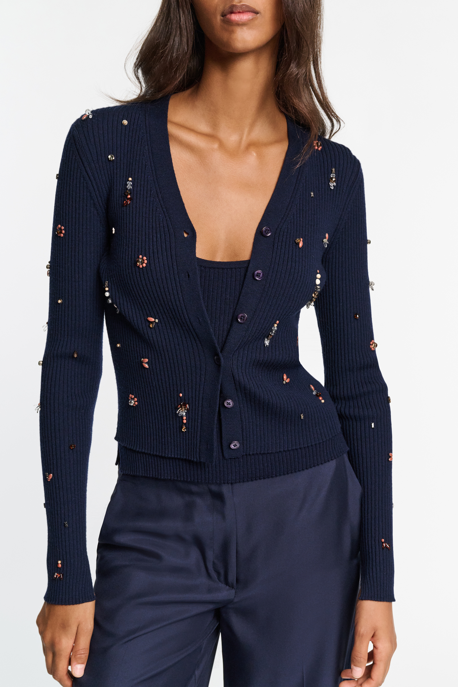 Dorothee Schumacher Embellished fine rib Merino twinset true navy