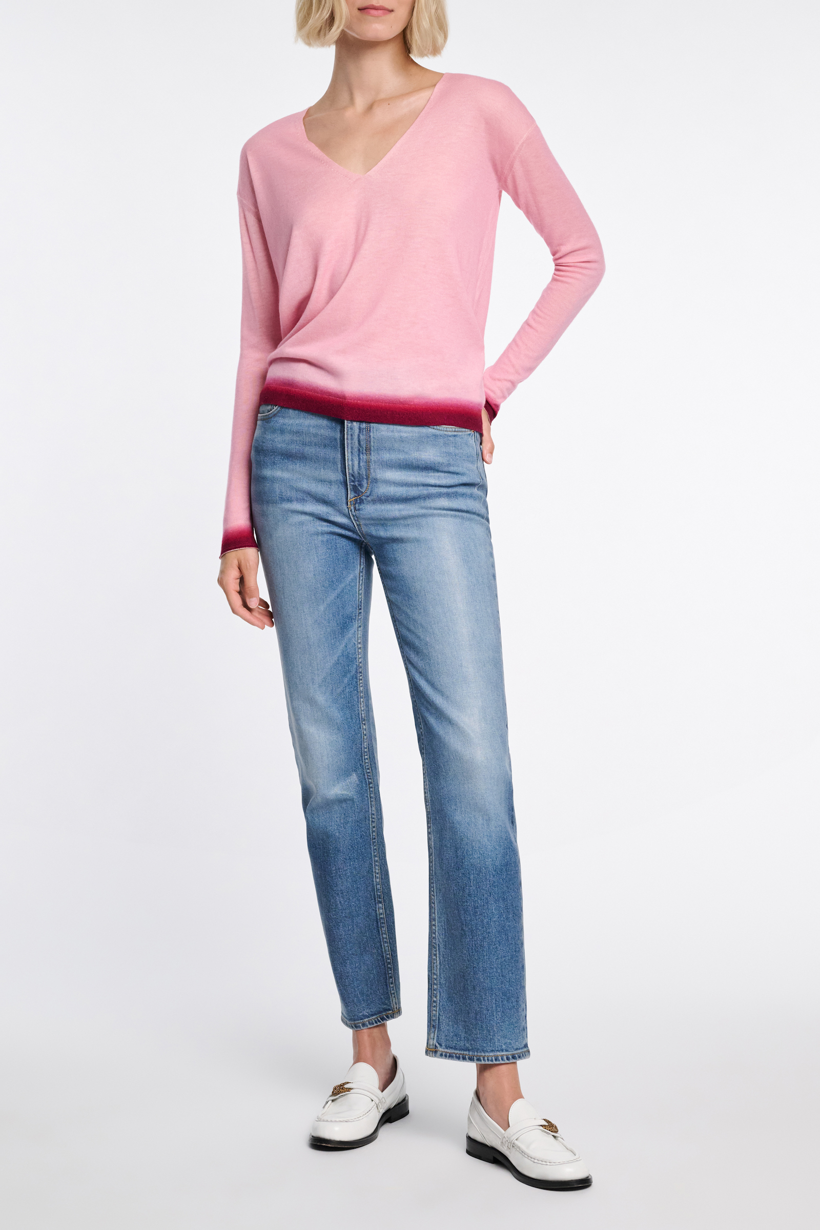 Dorothee Schumacher V-neck pullover with gradient color print hem pink mix