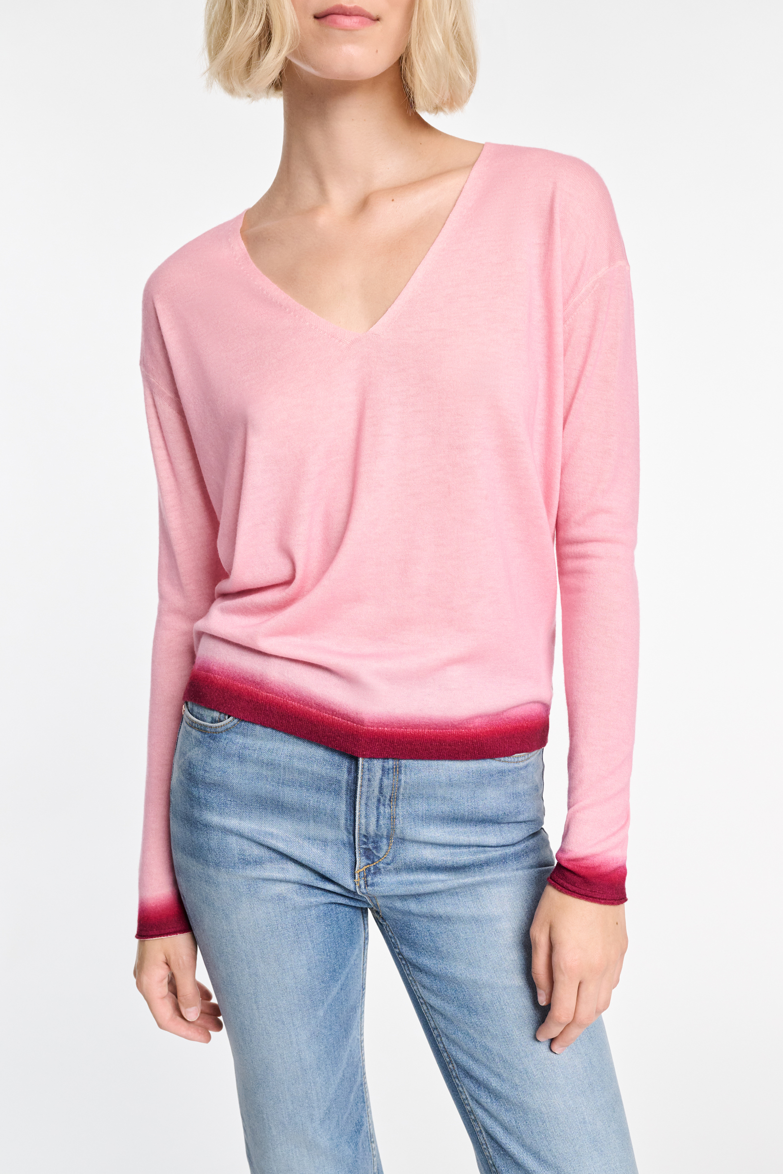 Dorothee Schumacher V-neck pullover with gradient color print hem pink mix