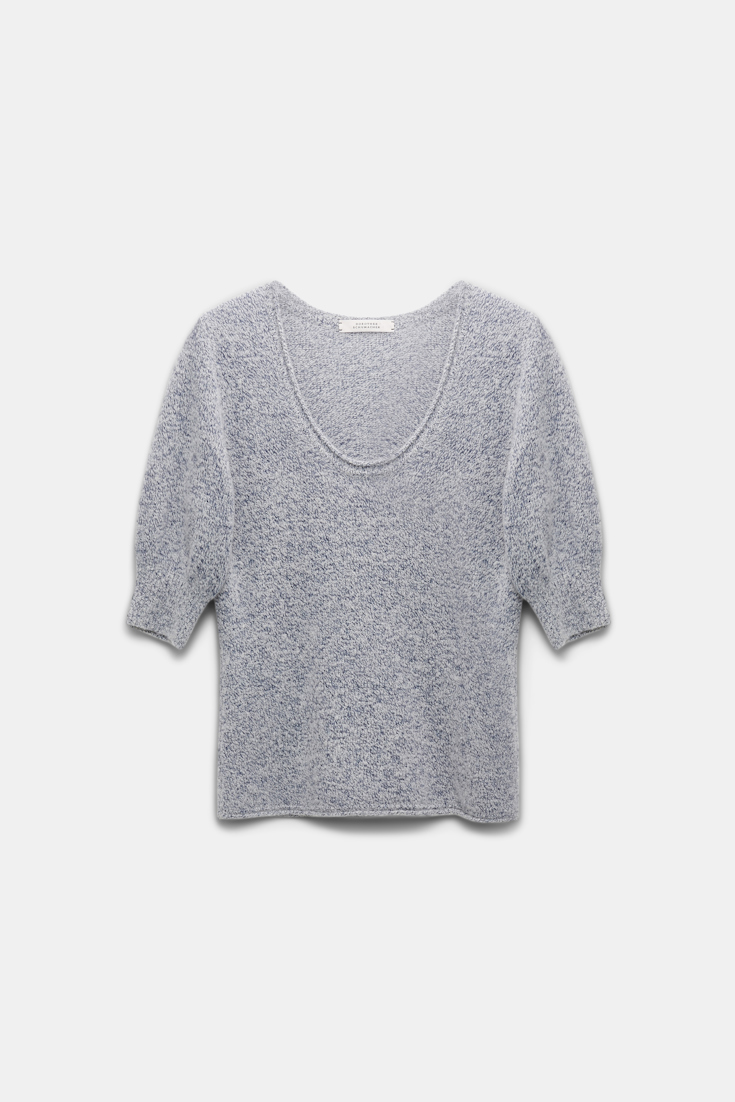 Dorothee Schumacher Cashmere blend short sleeve knit top blue and white melange