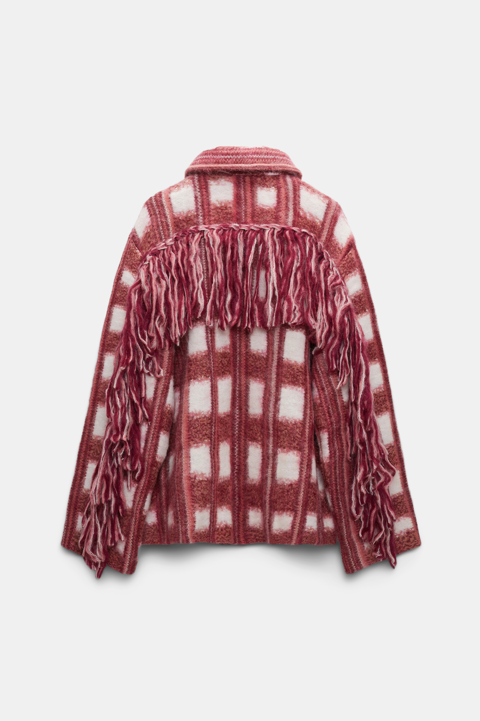 Dorothee Schumacher Plaid knit jacquard jacket with XL fringe pink check mix