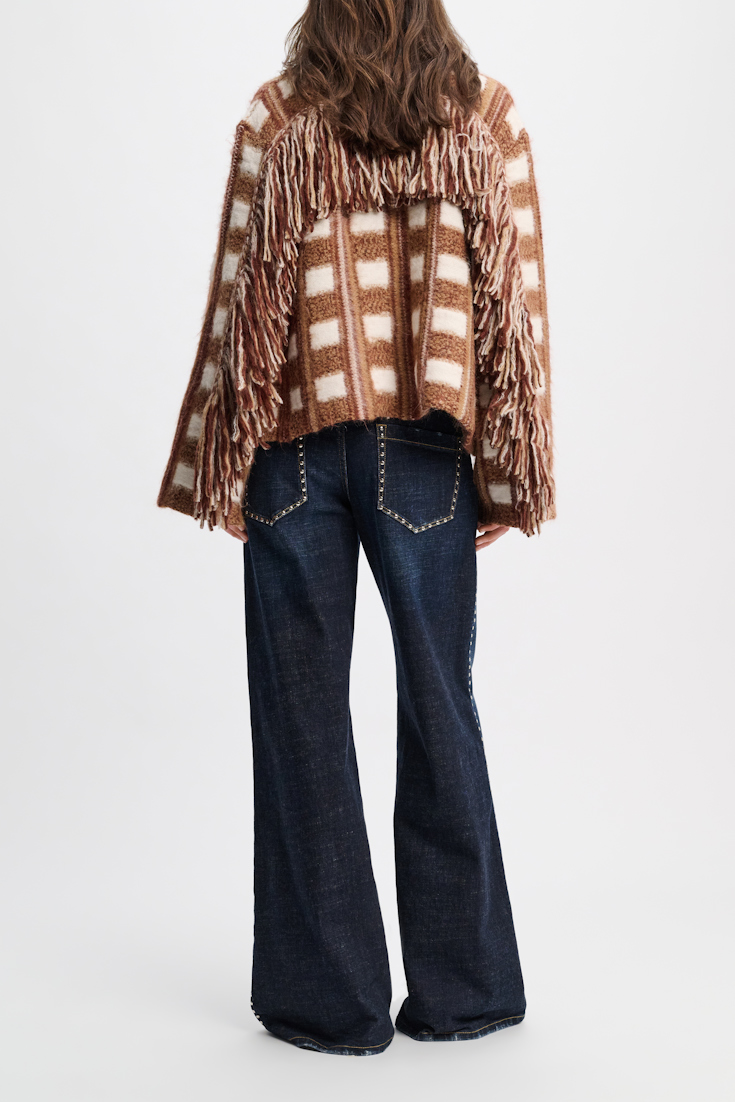 Dorothee Schumacher Plaid knit jacquard jacket with XL fringe brown and rose check