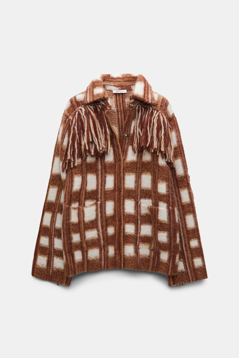 Shop Dorothee Schumacher Plaid Knit Jacquard Jacket With Xl Fringe In Multi Colour