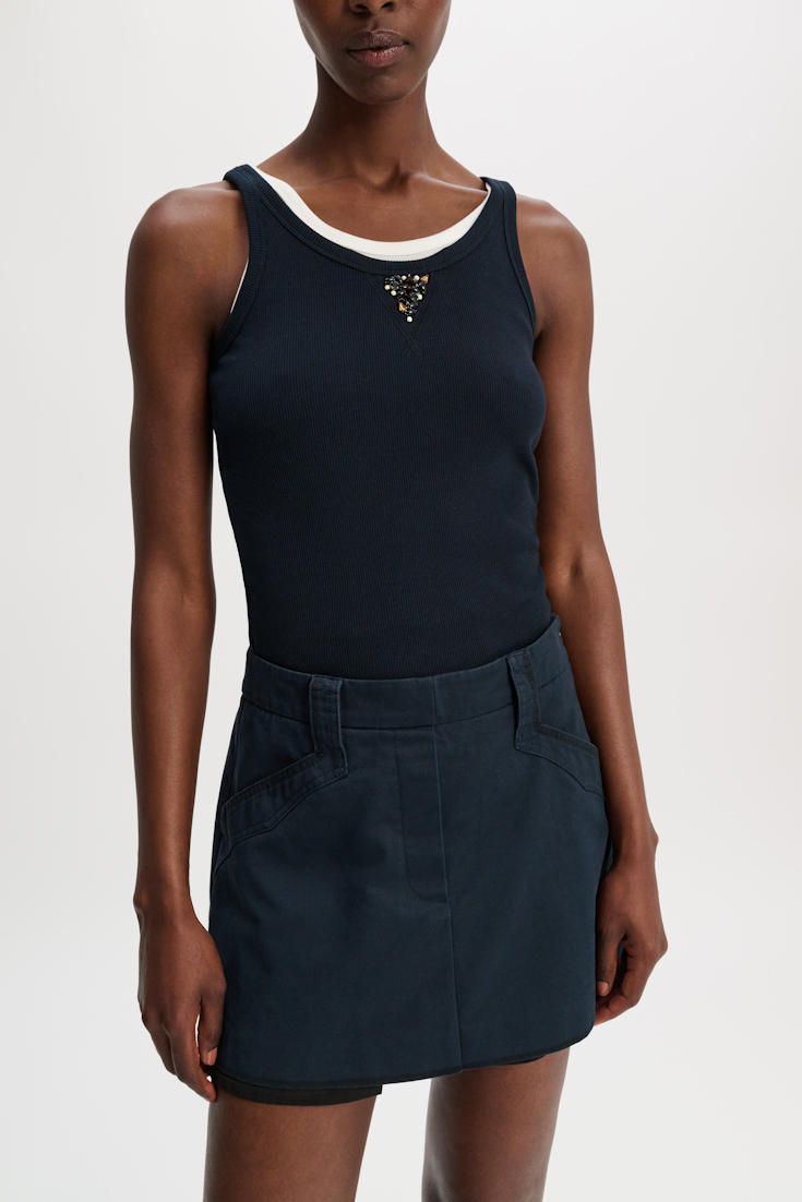 Dorothee Schumacher Fine rib stretch cotton tank top with embellishment detail midnight