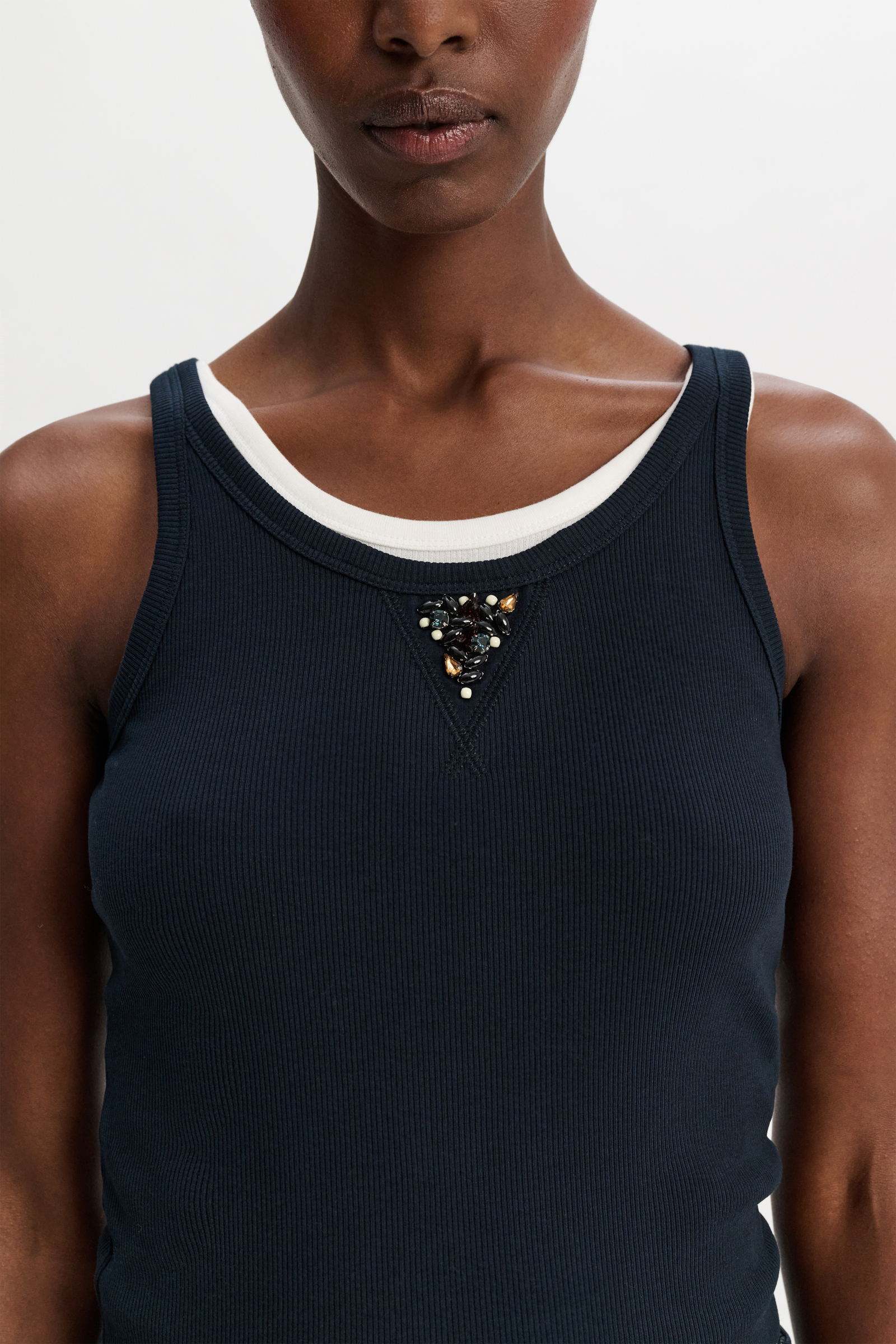 Dorothee Schumacher Fine rib stretch cotton tank top with embellishment detail midnight