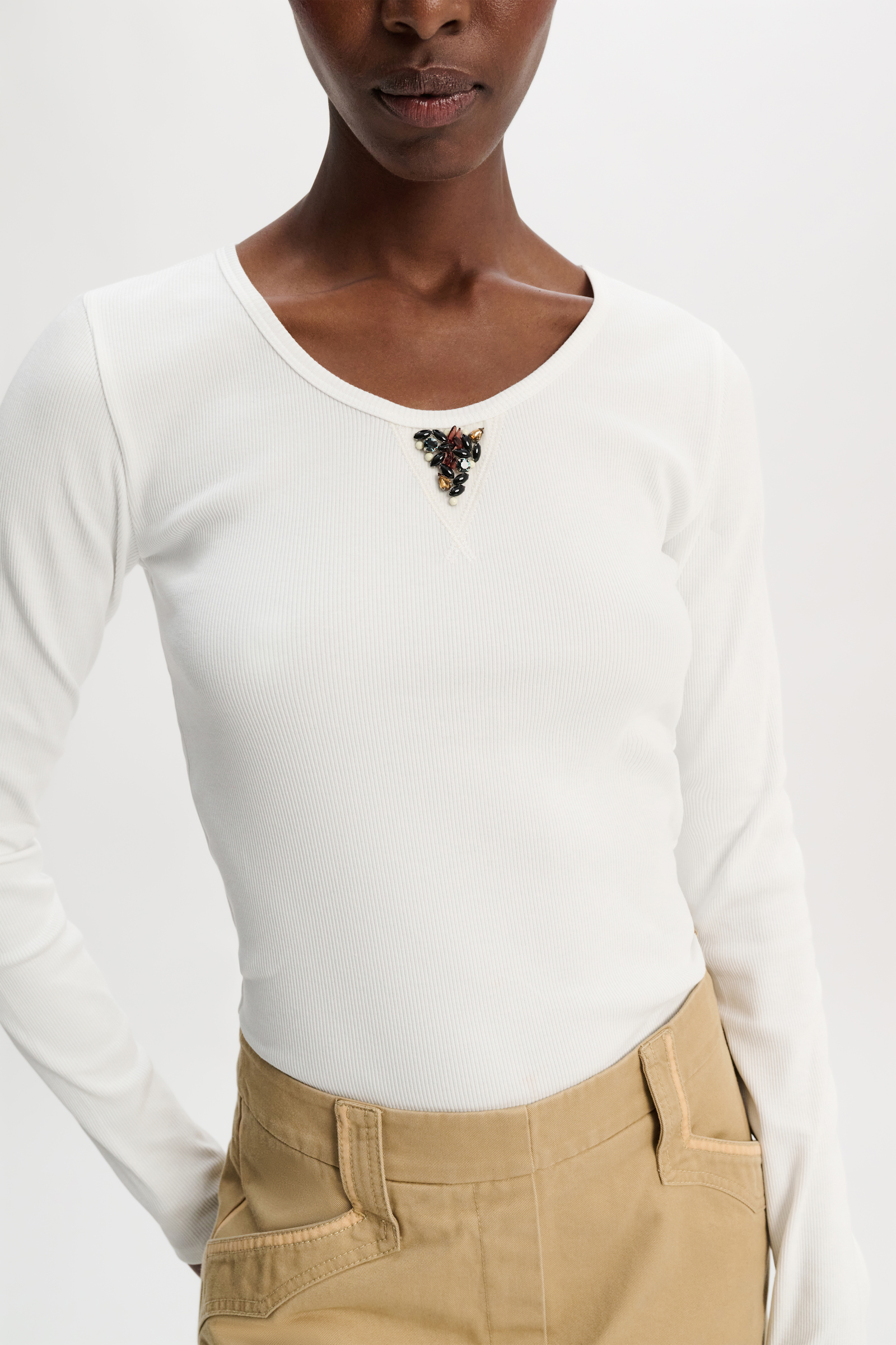 Dorothee Schumacher Fine rib stretch cotton scoop neck top with embellishment detail blue on white