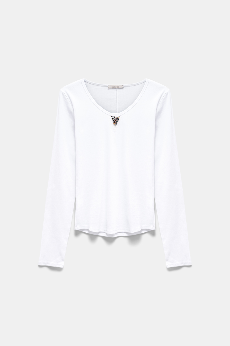 Shop Dorothee Schumacher Fine Rib Stretch Cotton Scoop Neck Top With Embellishment Detail In Basic