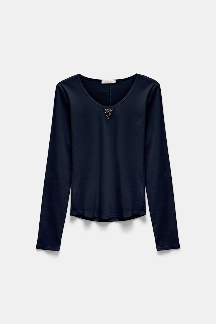 Dorothee Schumacher Fine rib stretch cotton scoop neck top with embellishment detail midnight