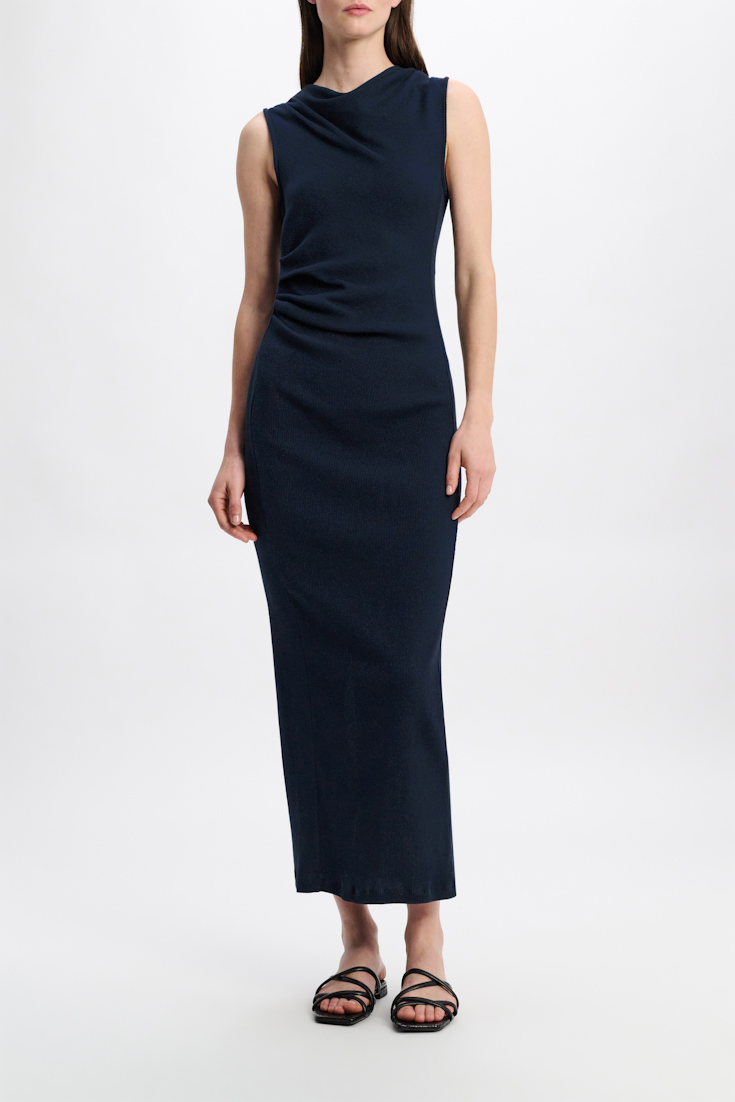 Dorothee Schumacher Fine rib cotton draped midi dress true navy