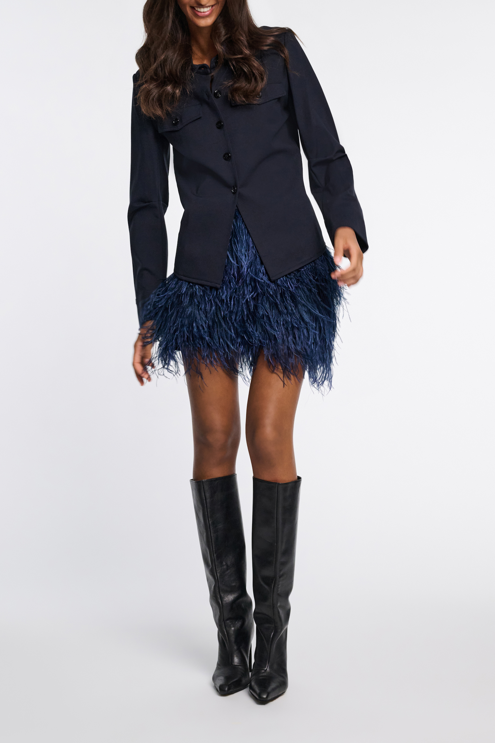 Dorothee Schumacher Georgette mini-skirt with allover feather appliqué midnight