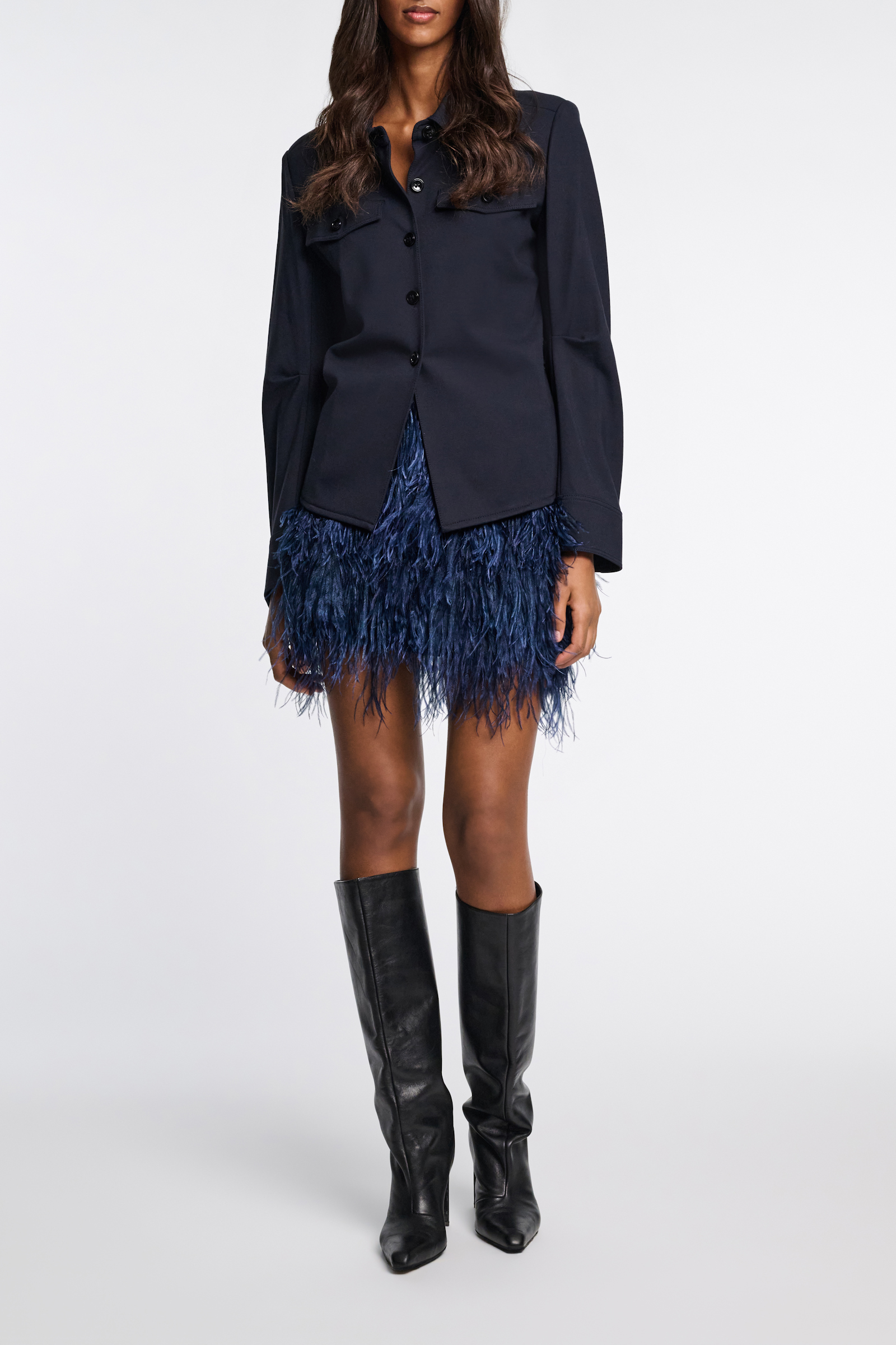 Dorothee Schumacher Georgette mini-skirt with allover feather appliqué midnight