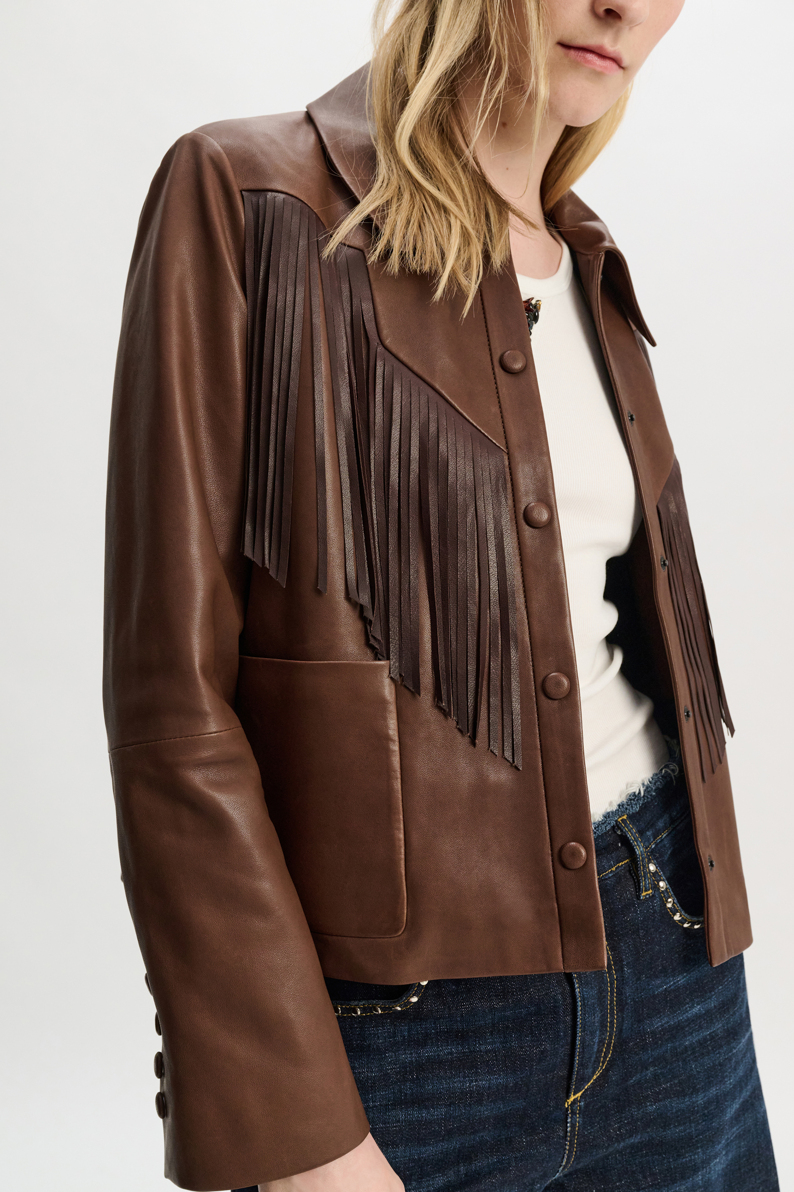 Dorothee Schumacher Fringed leather jacket dark brown