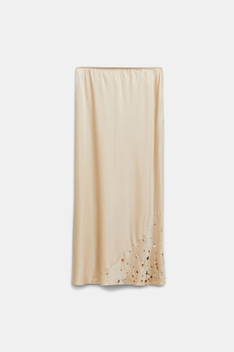 Shop Dorothee Schumacher Hand-embellished Satin-silk Skirt In Beige