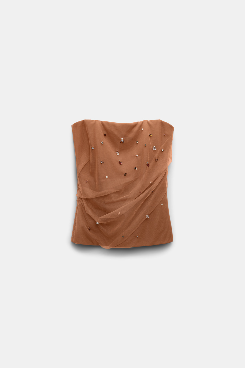 Shop Dorothee Schumacher Strapless Top In Punto Milano With Embellished Tulle Overlay In Brown