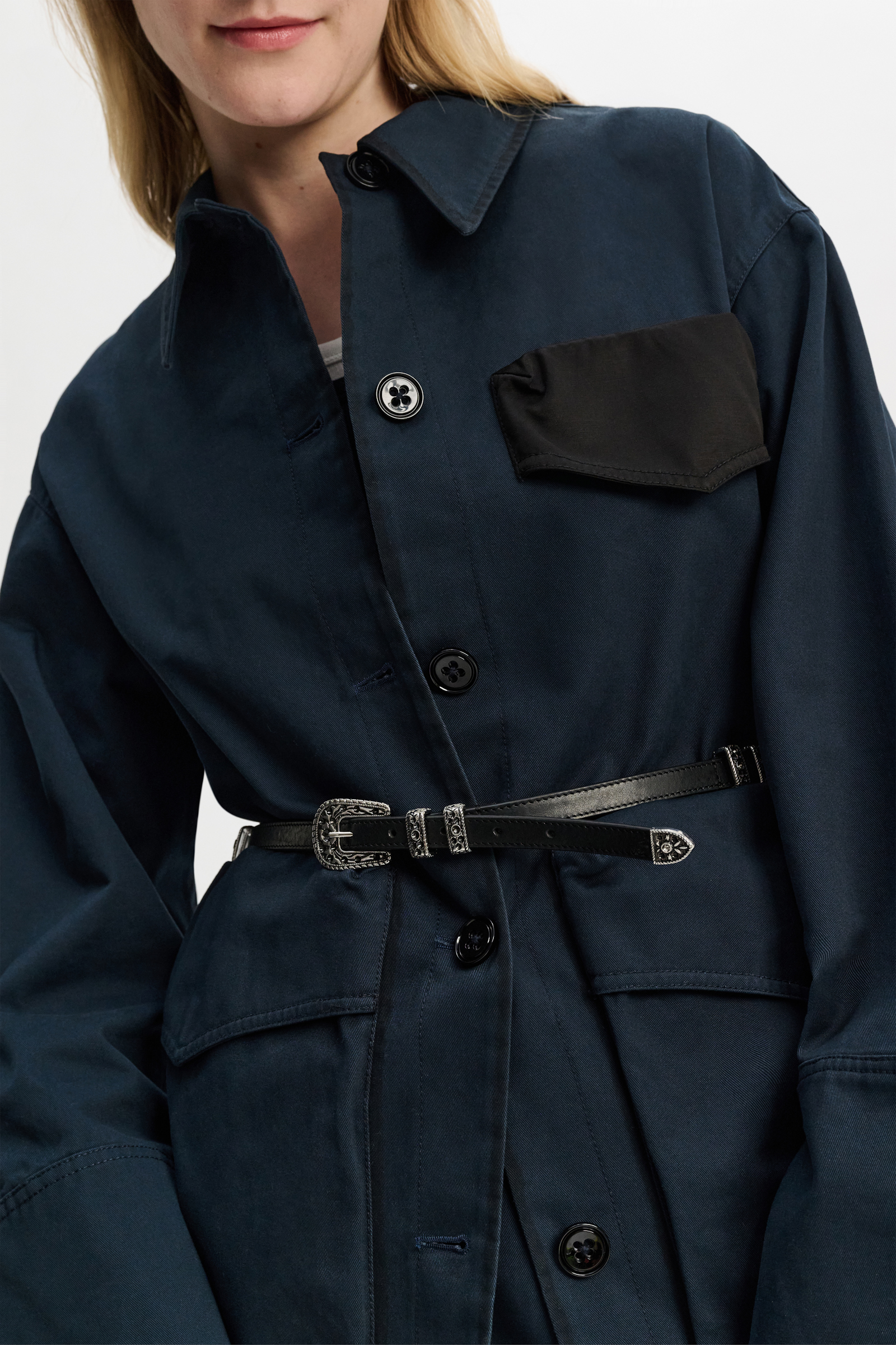 Dorothee Schumacher Cotton shirt-jacket with removable leather belt midnight