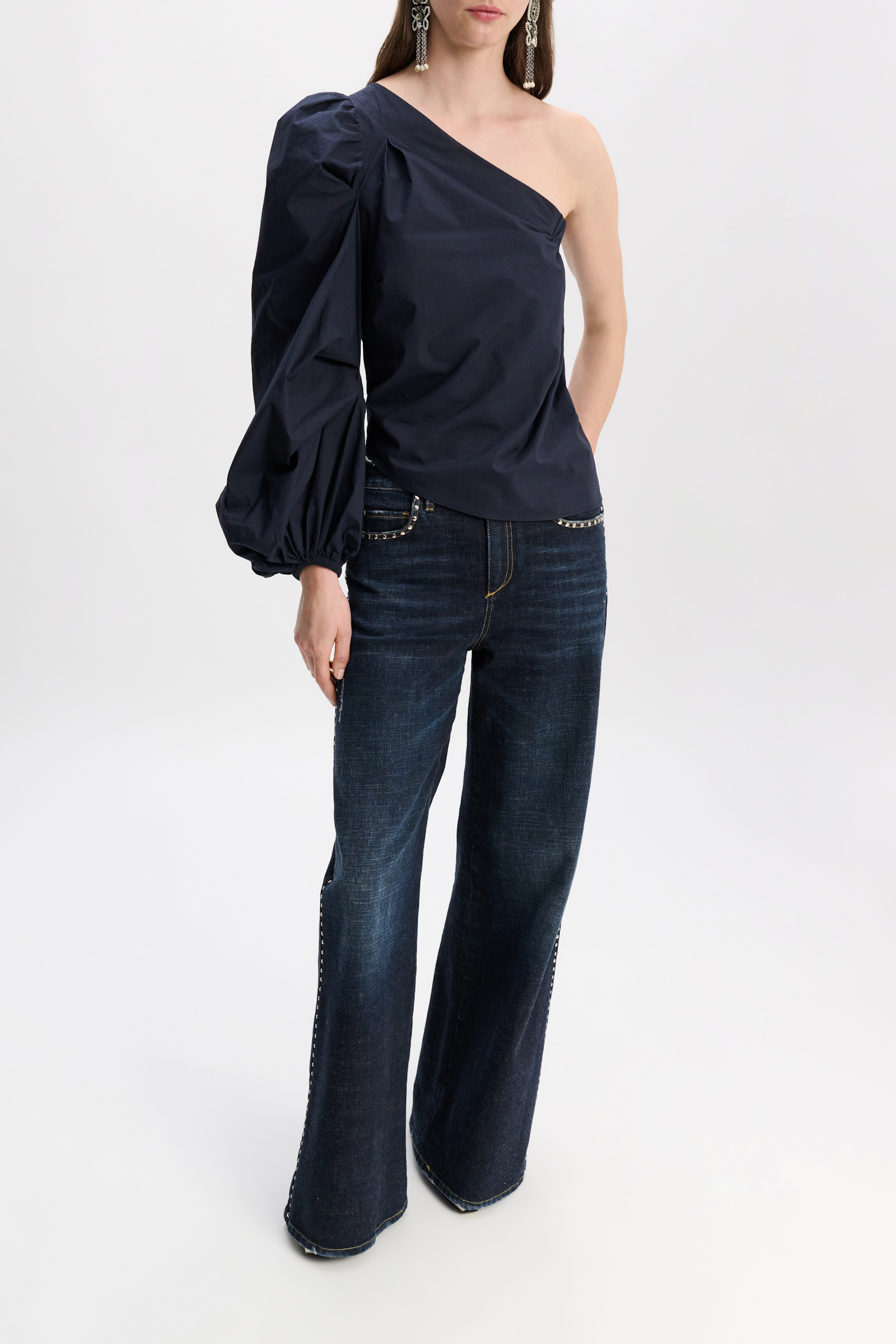 Dorothee Schumacher Asymmetric cotton-poplin top with voluminous long sleeve midnight