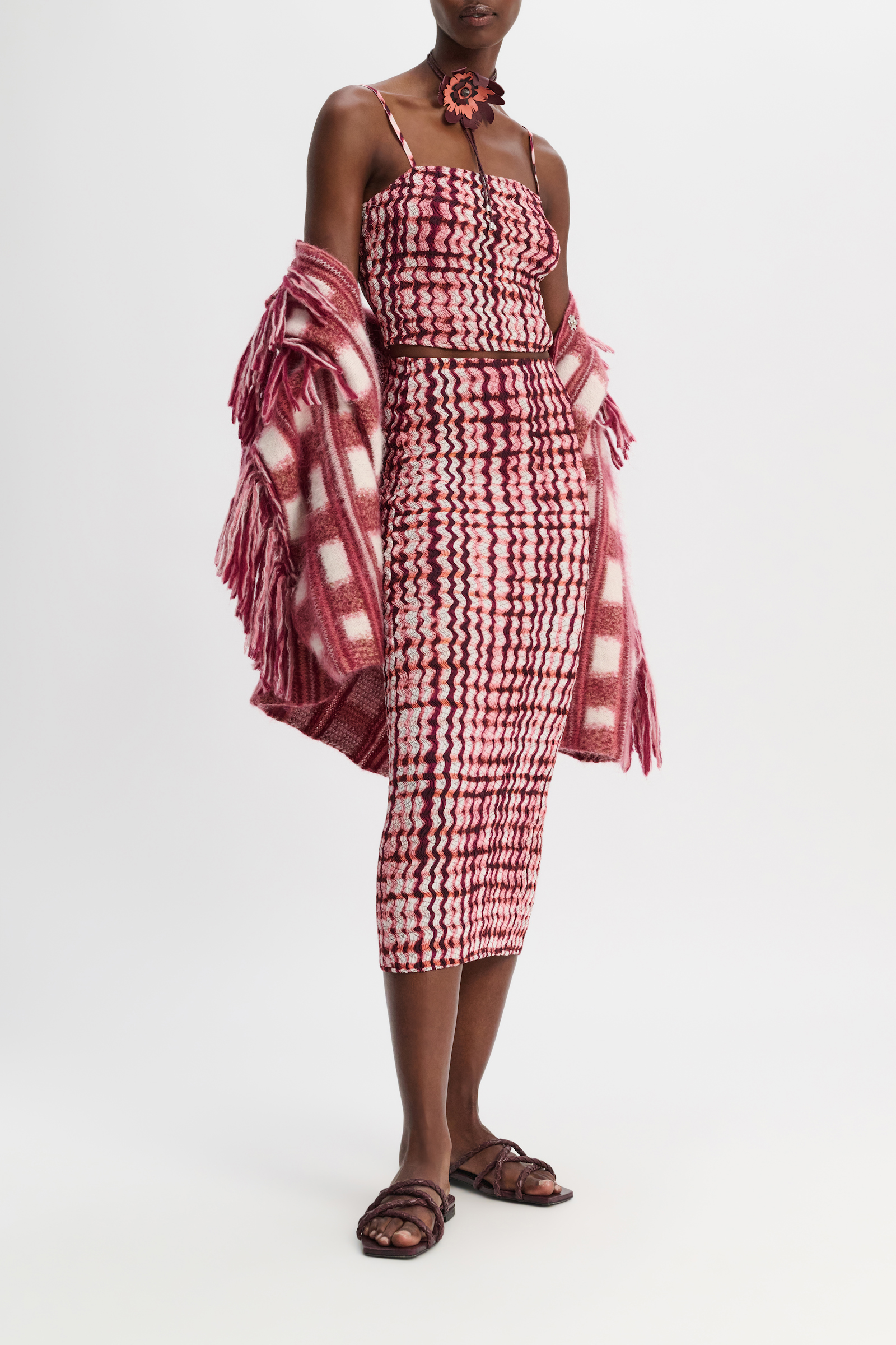 Dorothee Schumacher Silk-viscose plaid pencil skirt with allover smocking pink check mix