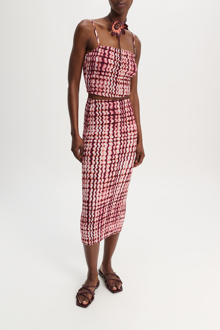 Dorothee Schumacher Silk-viscose plaid pencil skirt with allover smocking pink check mix