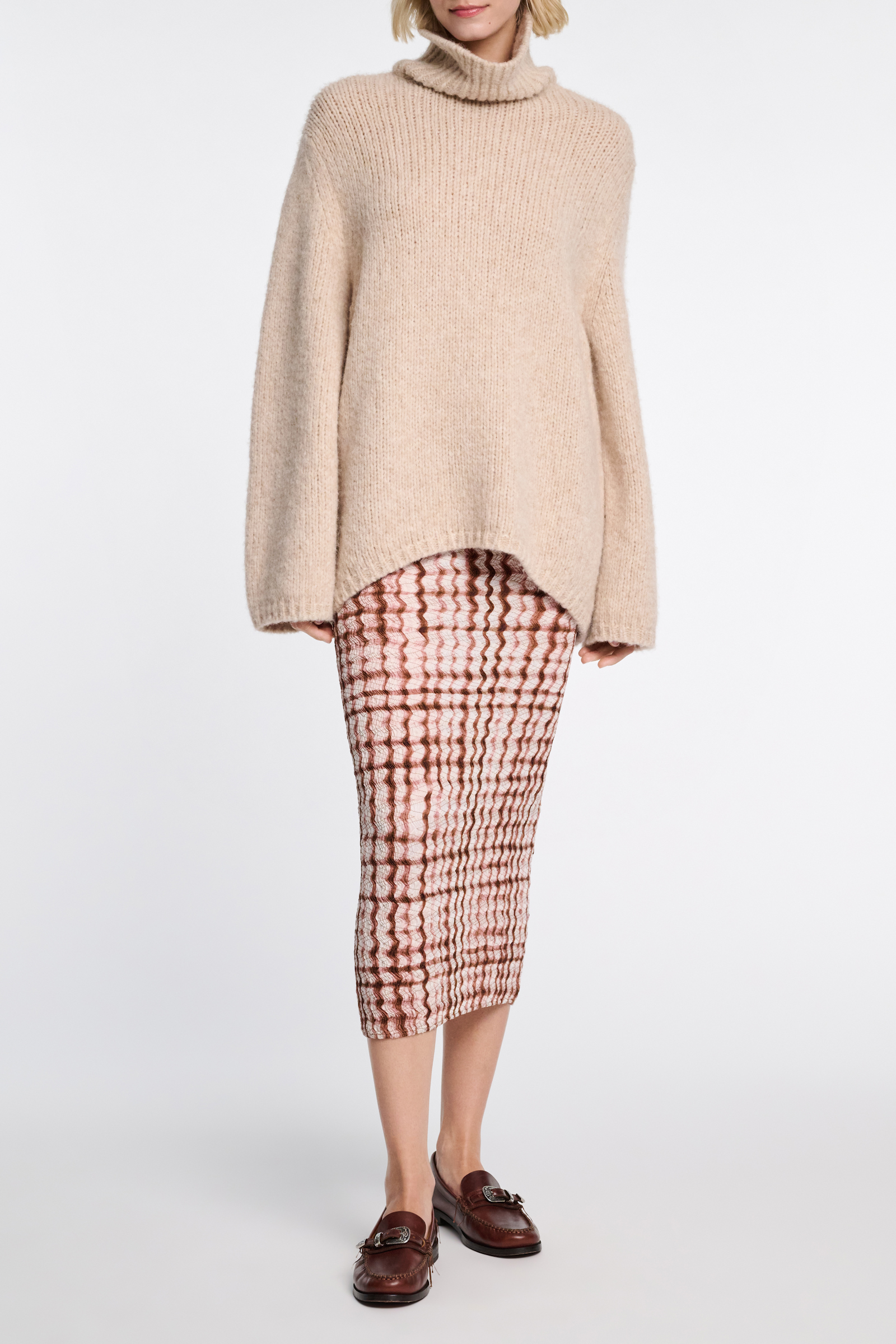 Dorothee Schumacher Silk-viscose plaid pencil skirt with allover smocking brown and rose check