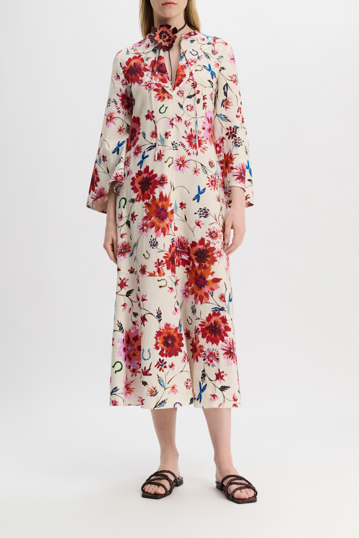 Dorothee Schumacher Midikleid aus bedrucktem Leinen mit Passe im Western-Style floral mix