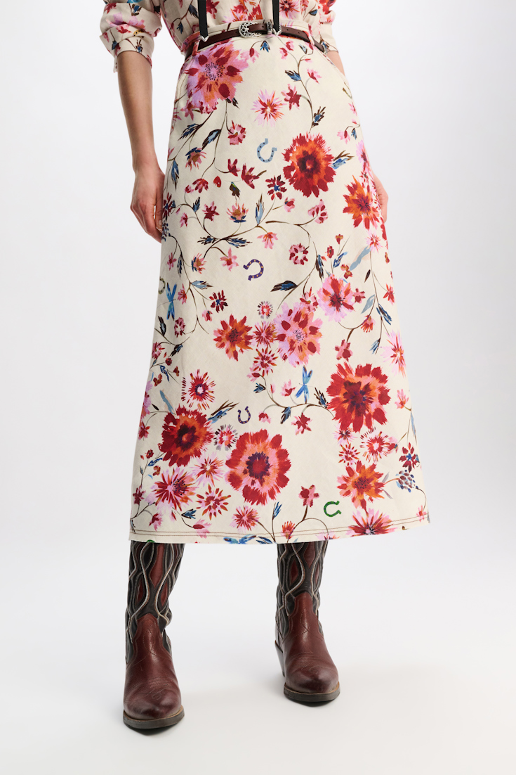 Dorothee Schumacher Rock aus bedrucktem Leinen mit abnehmbarem Ledergürtel im Western-Style floral mix