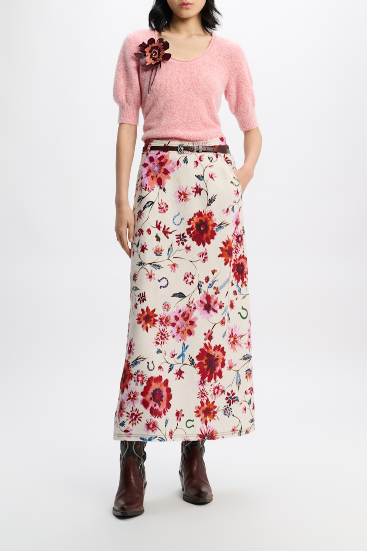 Dorothee Schumacher Rock aus bedrucktem Leinen mit abnehmbarem Ledergürtel im Western-Style floral mix