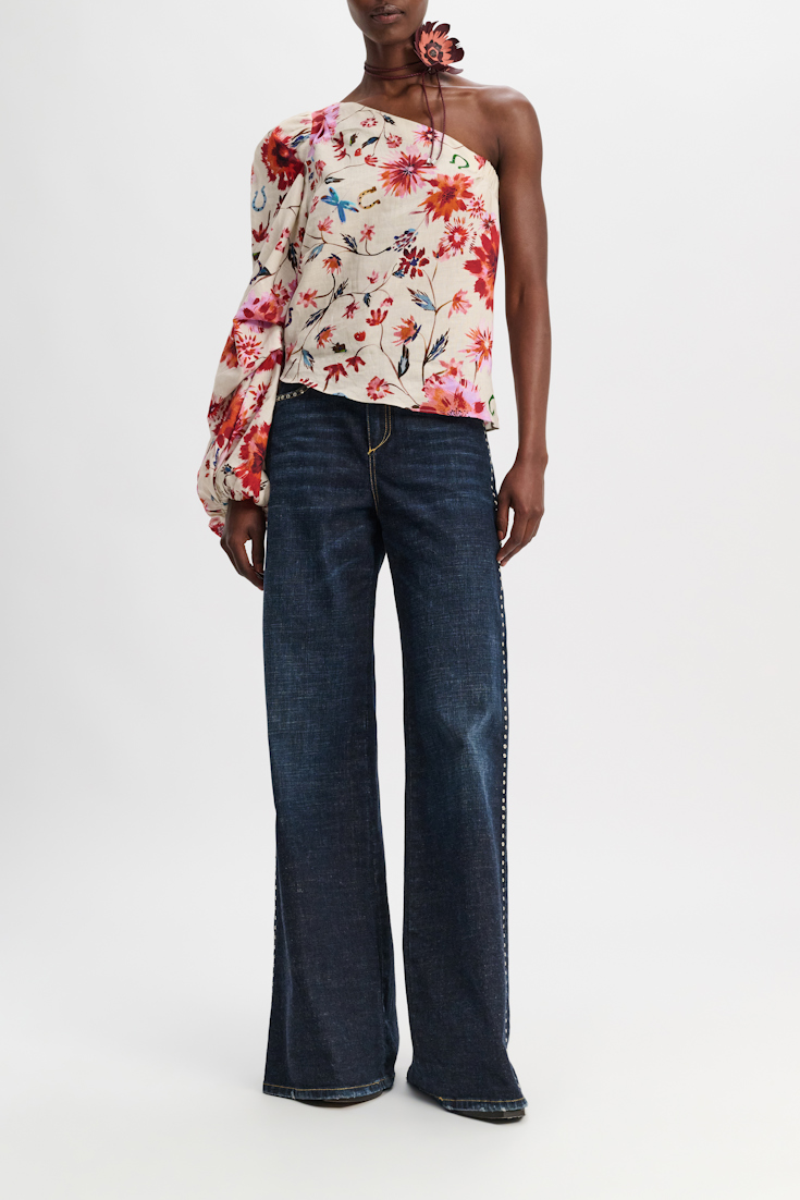 Dorothee Schumacher Printed linen asymmetrical top with voluminous sleeve floral mix