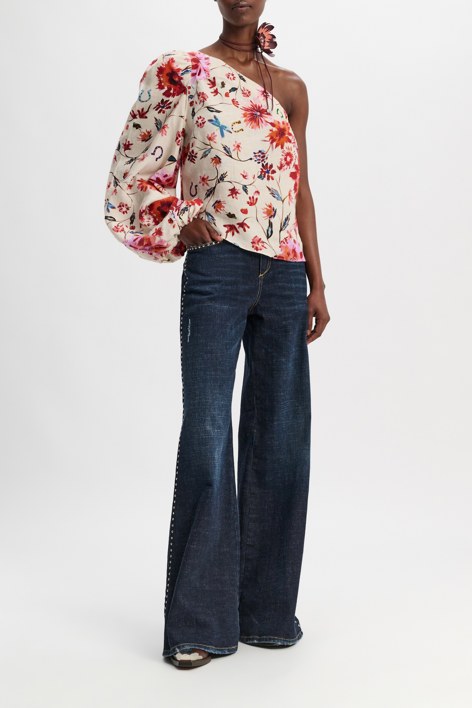 Dorothee Schumacher Printed linen asymmetrical top with voluminous sleeve floral mix