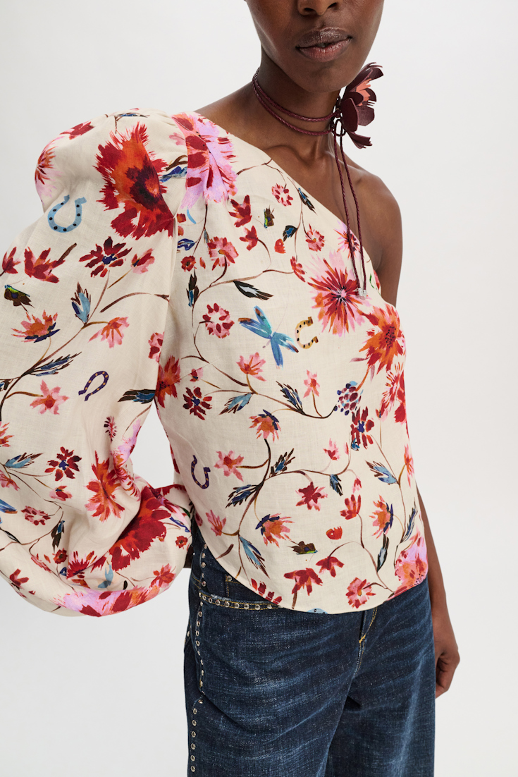 Dorothee Schumacher Printed linen asymmetrical top with voluminous sleeve floral mix