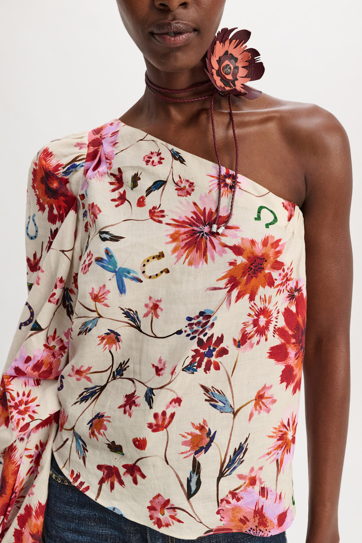 Dorothee Schumacher Printed linen asymmetrical top with voluminous sleeve floral mix