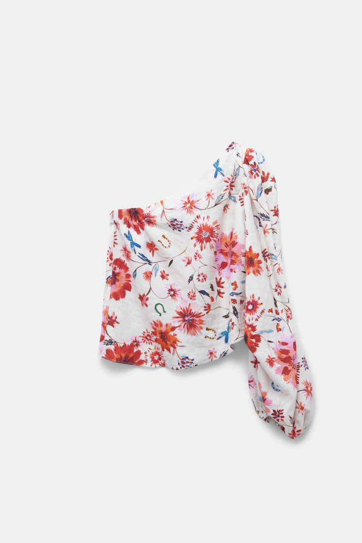 Dorothee Schumacher Printed linen asymmetrical top with voluminous sleeve floral mix